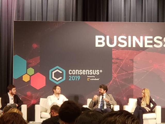 Pedro Lopez-Belmonte as panelist at Consensus 2019, New York, with Vanessa Grellet (Aura Blockchain Consortium) and Fabian Vogelsteller (Founder & CEO, LUKSO), May 2019