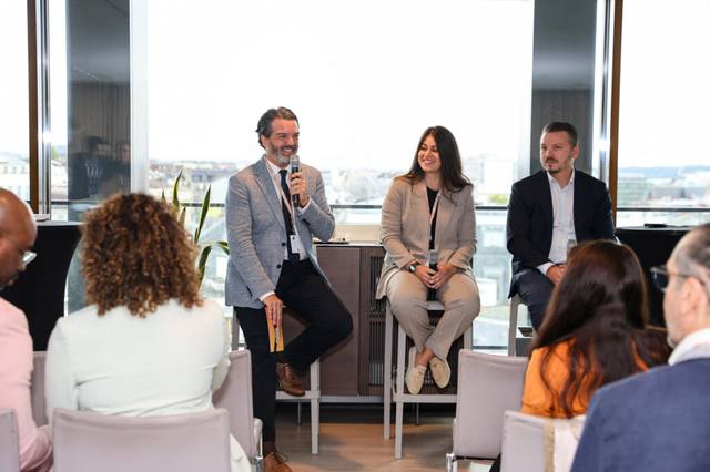 Pedro Lopez-Belmonte hosting the Morning Show 2025 at the Luxury Innovation Summit, Geneva, panel 'Beyond Novelty: How Innovation Becomes Part of Brand Identity', with Sandra Helou (CEO, MetaMinds) and Franck Garnier (Head of Digital Innovation, Hublot)
