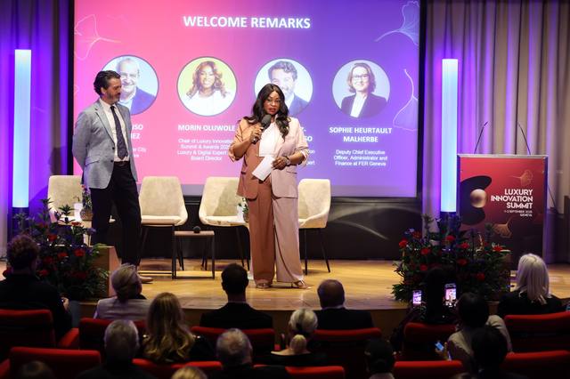 Pedro Lopez-Belmonte delivering welcome remarks as Co-Chair of the Luxury Innovation Summit & Awards 2025, alongside Morin Oluwole (Chair, Luxury & Digital Expert, Board Director), Geneva, September 2025