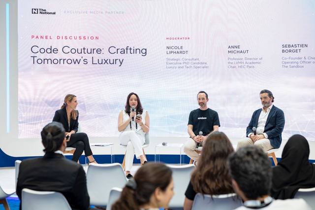 Pedro Lopez-Belmonte as panelist in 'Code Couture: Crafting Tomorrow's Luxury' at the Machines Can See Summit 2025, Dubai, with Anne Michaut (Director, LVMH Academic Chair, HEC Paris), Nicole Liphardt (Strategic Consultant), and Sebastien Borget (Co-Founder & COO, The Sandbox)