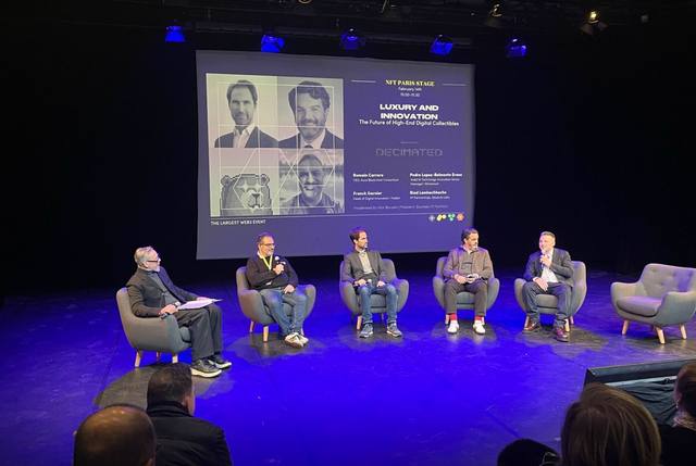 Pedro Lopez-Belmonte as main stage panelist at NFT Paris 2025, panel 'Luxury & Innovation: The Future of High-End Digital Collectibles', with Romain Carrere (CEO, Aura Blockchain Consortium), Franck Garnier (Head of Digital Innovation, Hublot), Nick Blunden (President, The Business of Fashion), and Riad Lemhachheche (VP Partnerships, Absolute Labs), Paris, February 2025